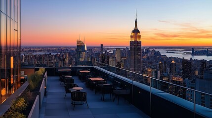 Wall Mural - A rooftop view of a sprawling metropolis at sunset.