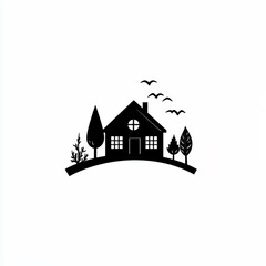 Aufkleber - Simple Black and White House Illustration with Trees and Birds, Minimalist Graphic Design