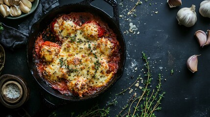 Wall Mural - Oven-roasted stuffed peppers served in a cast iron skillet, surrounded by roasted garlic bulbs and sprigs of thyme, on a dark moody background