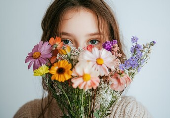 Wall Mural - A girl holding colorful flowers in front of her face, against a white background.