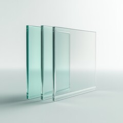 Fototapete - Transparency in Layers: Close-up of Stacked Glass Sheets against a Minimalist White Backdrop.