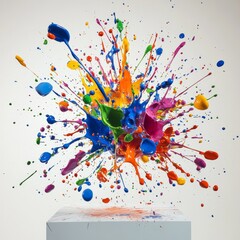 Leinwandbilder - Vibrant Paint Splatter Explosion on a White Background, Colors Bursting from a Central Point on a Display Stand