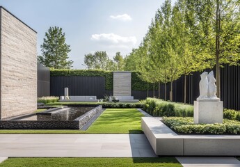 Wall Mural - A modern garden with gray walls and light green grass, a modern house with glass windows, a white stone wall on the right 