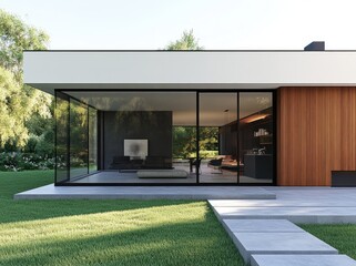 Wall Mural - A modern house with large glass doors leading to the garden, featuring an exterior wall made of wood and white concrete.