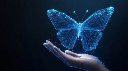 A digital butterfly emerging from a hand representing transformation innovation and futuristic technology in a holographic wireframe style