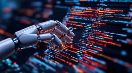 An AI robot hand coding a software program symbolizing machine learning chatbot programming and artificial intelligence development