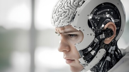 A striking black and white image showcasing the advanced technology of a brain computer interface controlling a prosthetic limb