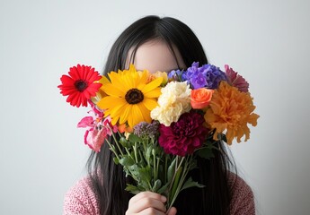 Wall Mural - a girl holding colorful flowers, with her face partially obscured by the bouquet on a white background