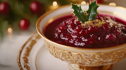 Wall Mural - Festive cranberry sauce served in a gold-rimmed bowl, with a dusting of edible glitter and holly leaves as decoration