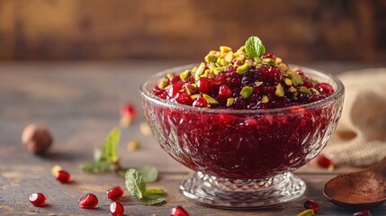 Wall Mural - Gourmet cranberry sauce served in a textured glass bowl, topped with crushed pistachios and pomegranate seeds, on a warm-toned rustic backdrop