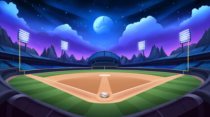 Baseball stadium at night with big moon shining brightly during game time