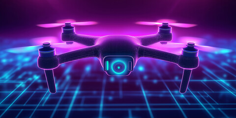 Aufkleber - Drone hologram flying over futuristic circuit board with pink and blue neon lights