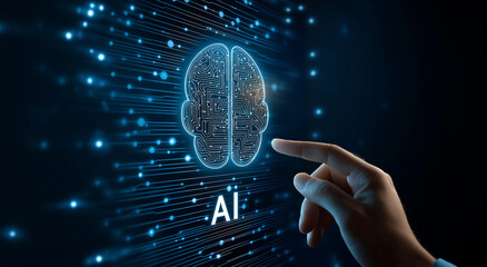 Aufkleber - Businessman pointing digital artificial intelligence brain and circuit board