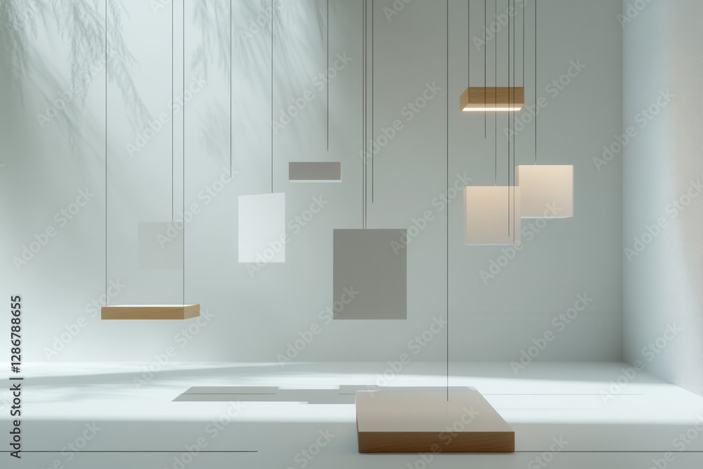 View of Suspended light fixtures modern interior art installation minimalist ...