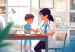 © AMINE - A woman is sitting at a desk with a child. The child is holding a toy stethoscope