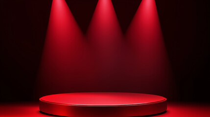 Poster - Red stage is illuminated by three spotlights in a dark room