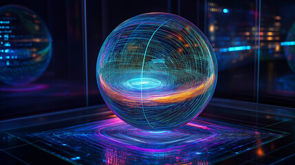 Fototapete - Futuristic glowing orb displaying complex data streams and information flow