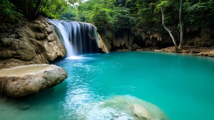 Wall Mural - Erawan waterfall cascading into turquoise pond in tropical rainforest, kanchanaburi, thailand