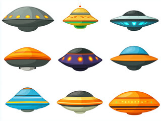 Fototapete - Icônes de soucoupes volantes en flat design sur fond blanc