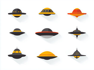 Fototapete - Icônes de soucoupes volantes en flat design sur fond blanc