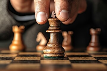 A man is moving the king piece on a checkerboard in an indoor setting, captured in closeup