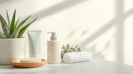 Wall Mural - Minimalist serenity  a calm scene with a tube container, plant, and candle for wellness branding