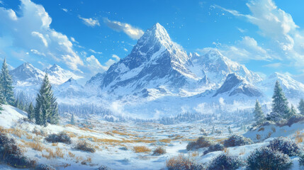 Winter natural snowy landscape with bushes and trees on meadow in foot of high mountains covered with snow. Cartoon vector panoramic cold and frozen scenery with field near hills, blue sky with clouds