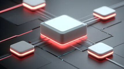 Wall Mural - white cube illuminated with red lights on a dark background creating an artistic visual effect