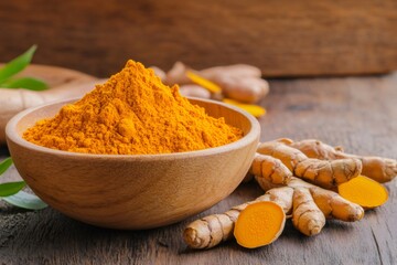 Turmeric powder in wooden bowl and fresh turmeric root on rustic table