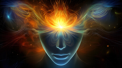 Wall Mural - woman with bright hair and glowing face surrounded by colorful cosmic visualization and abstract flo