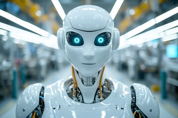 Poster - Humanoid robot standing in modern factory setting, embracing the future of automation