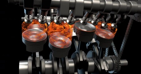 Leinwandbilder - Camera Zooms to Car Hood Revealing Detailed V8 Engine Motion. Industry And Technology Related 3D Animation.