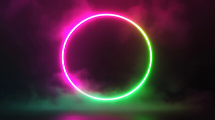 Poster - Glowing neon circle illuminating colorful smoke in dark background
