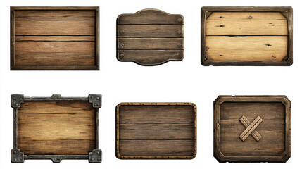 Cartoon set of wood and iron game ui boards. Vector illustration of wooden frames with menu, settings, home, play, checkmark, cross icons, metal corners. Blank old nameplates isolated on background