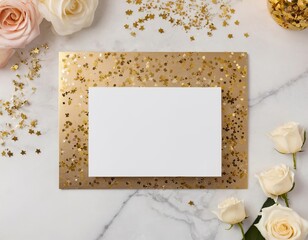 Wall Mural - Elegant flat lay featuring blank card on shimmering gold background with roses, perfect for celebrations.