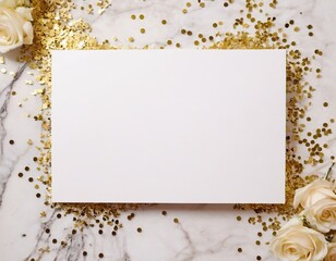 Wall Mural - Elegant flat lay of a blank card with golden confetti and white roses, creating a festive atmosphere.