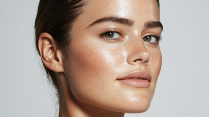 a model exudes elegance with flawless skin and a radiant glow, highlighting beauty and confidence in