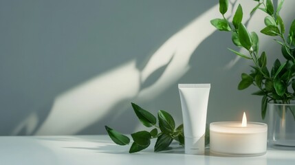 Wall Mural - Minimalist beauty product setup with green plant and candle for a serene wellness atmosphere