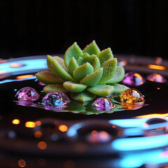 Wall Mural - Close-up of water droplets on the surface, with an isolated green succulent in the background