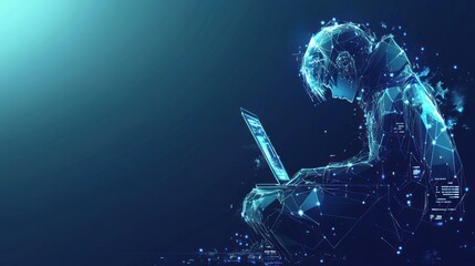 Abstract Hacker Using Laptop with Digital Connection and Glowing Particles