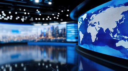 A TV anchor reports breaking news in a modern studio with a digital world map, illuminating global connections in media.