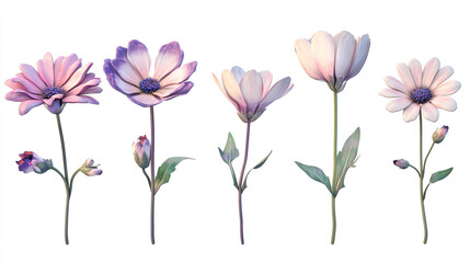 Poster - Watercolor flowers in shades of pink, purple, and white stand against a stark white background in this illustration.