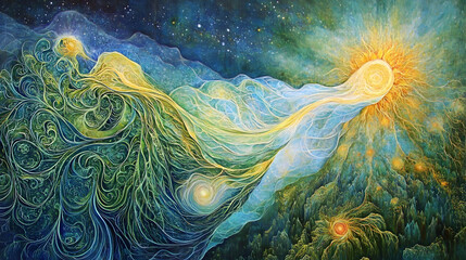 Wall Mural - abstract painting of a woman holding a sun with tulips in a cosmic visualization