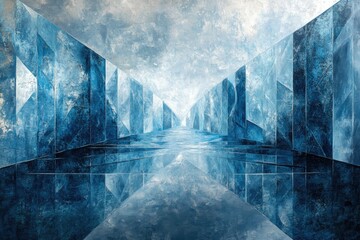 Leinwandbilder - Abstract icy city landscape, geometric shapes, reflective surfaces, cool blue tones, vanishing point perspective.