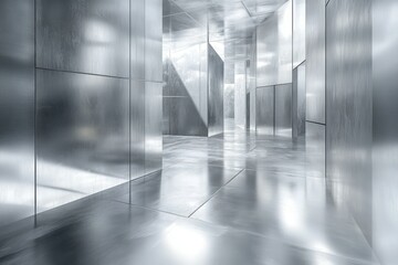 Leinwandbilder - A minimalist metallic corridor with reflective surfaces and a sleek, modern design.