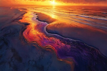 Aufkleber - Sunset paints a vibrant river of fire and shadow on the beach, a breathtaking aerial view.