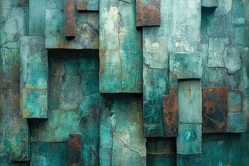 Aufkleber - Abstract teal and rust colored rectangular blocks forming a textured wall.