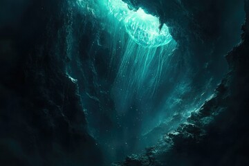 Wall Mural - Ethereal bioluminescent jellyfish illuminates a dark, underwater cavern, creating a mystical and serene scene.