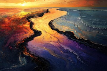 Poster - Sunset paints the river and ocean with vibrant hues, creating a breathtaking, surreal landscape.