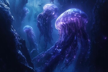 Wall Mural - Glowing bioluminescent jellyfish illuminate a dark, underwater cavern, creating a surreal and magical scene.